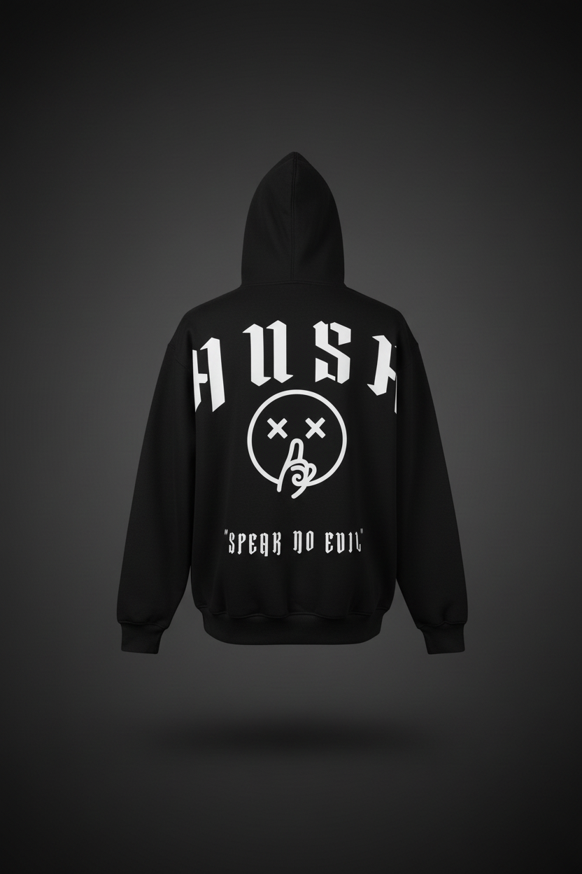 HUSH Black Hoodie Back - Studio Style
