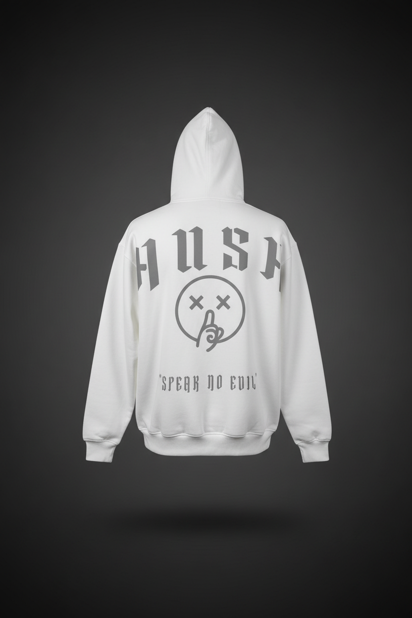HUSH White Hoodie Back - Full Width Text