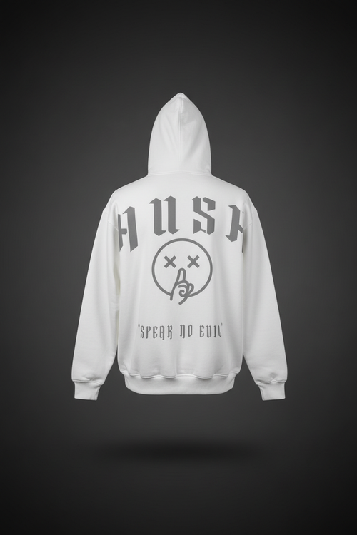 HUSH White Hoodie Back - Full Width Text