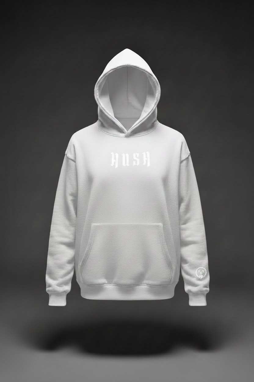 HUSH White Hoodie Front