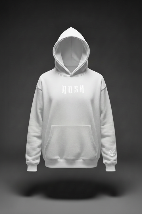 HUSH White Hoodie Front