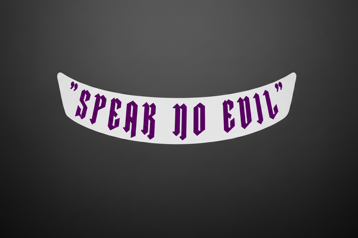 Speak No Evil Visor Banner Sticker - White Background Purple Text