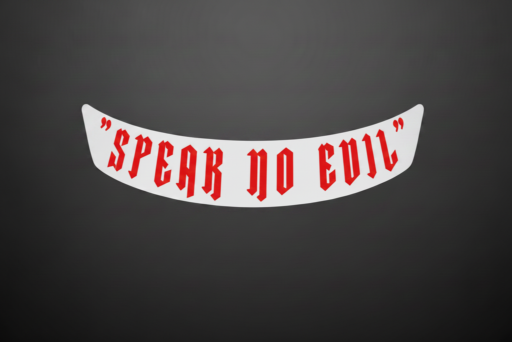 Speak No Evil Visor Banner Sticker - White Background Red Text