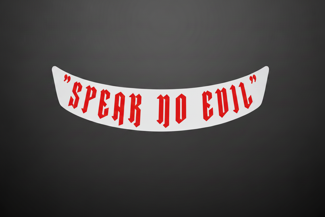 Speak No Evil Visor Banner Sticker - White Background Red Text